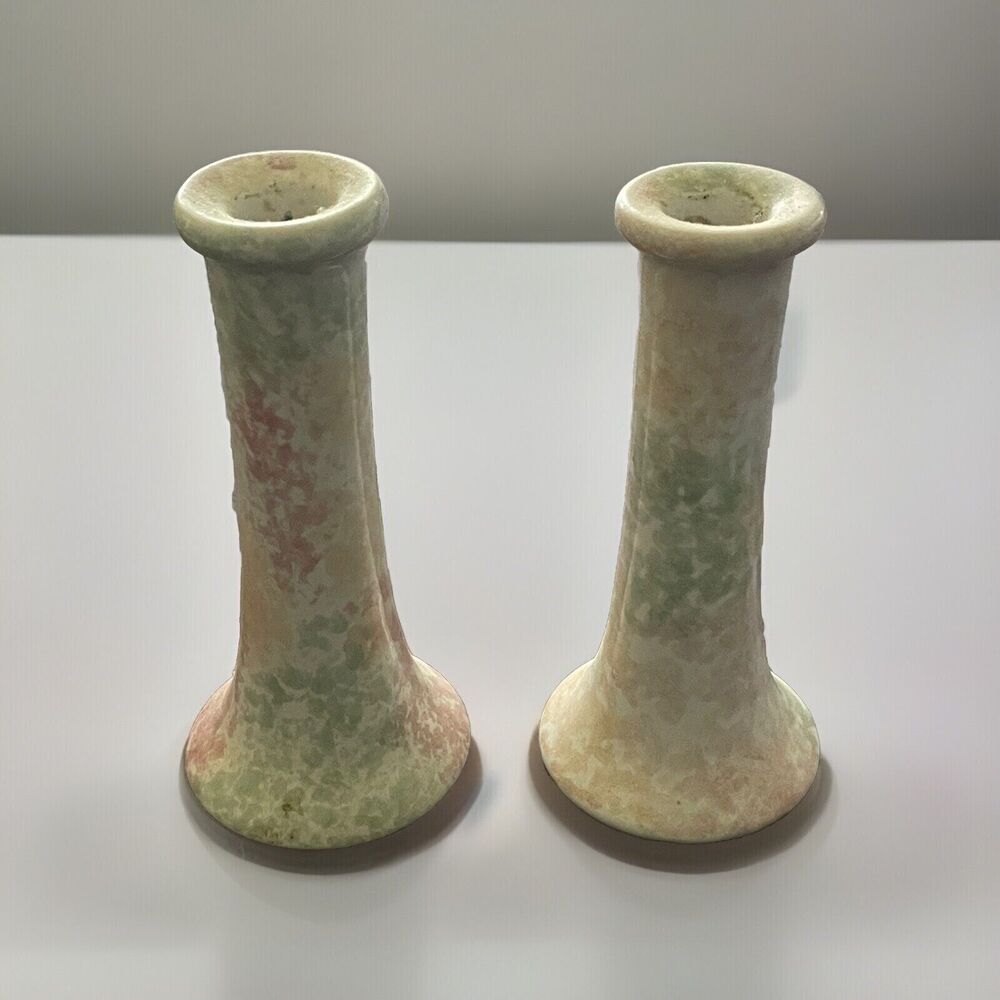 Harris Pottery Pair Pastel Sponge Speckled Candlesticks Blue Pink MCM 1960s